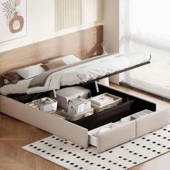 Generique Lit rembourré coffre 140x200 cm avec 2 tiroirs, lit adulte avec sommier à lattes, sans tête de lit, tissu en lin, beige* Lit Coffre