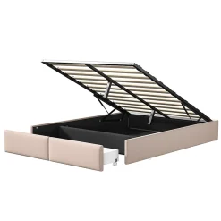 Generique Lit rembourré coffre 140x200 cm avec 2 tiroirs, lit adulte avec sommier à lattes, sans tête de lit, tissu en lin, beige* Lit Coffre