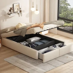 Lit rembourré coffre 140x200 cm avec 2 tiroirs, lit adulte avec sommier à lattes, sans tête de lit, tissu en lin, beige>ProximaX Clearance