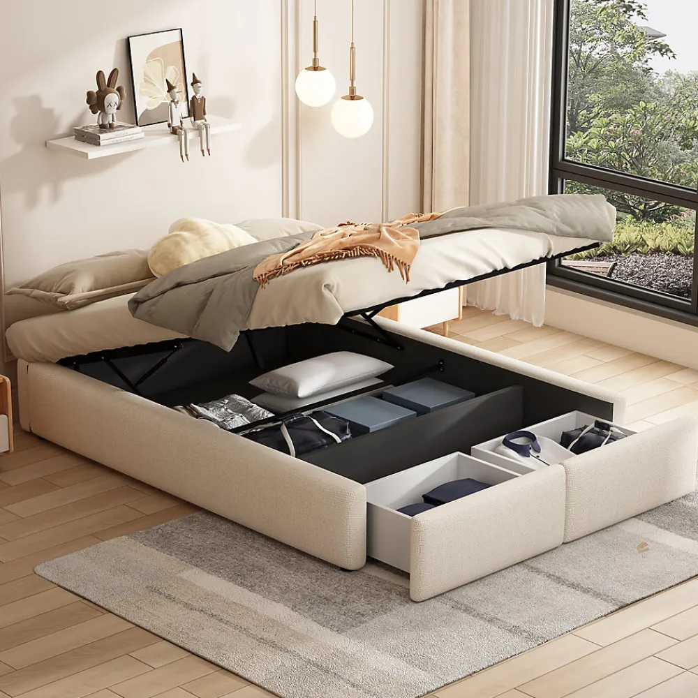 Lit rembourré coffre 140x200 cm avec 2 tiroirs, lit adulte avec sommier à lattes, sans tête de lit, tissu en lin, beige>ProximaX Clearance