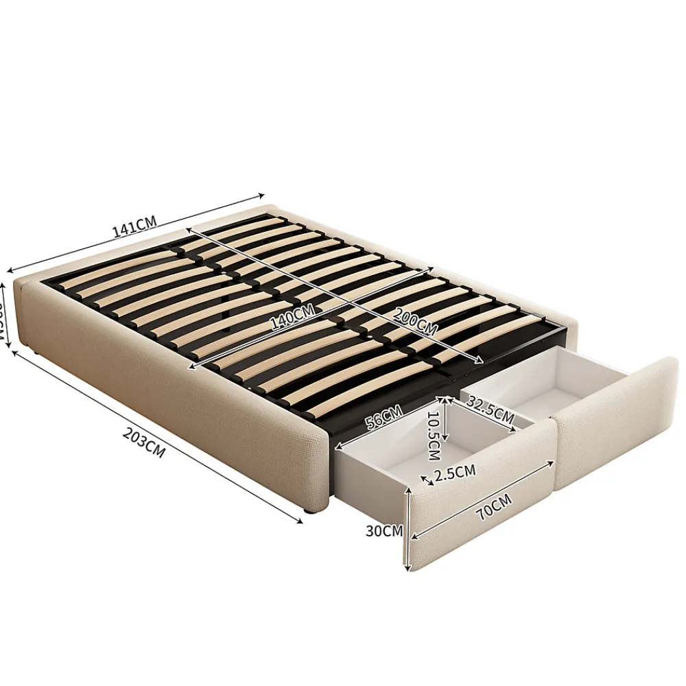 Lit rembourré coffre 140x200 cm avec 2 tiroirs, lit adulte avec sommier à lattes, sans tête de lit, tissu en lin, beige>ProximaX Clearance
