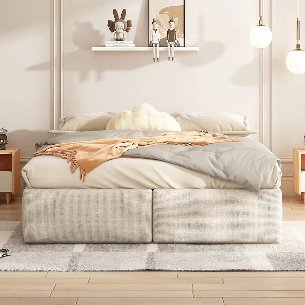 Lit rembourré coffre 140x200 cm avec 2 tiroirs, lit adulte avec sommier à lattes, sans tête de lit, tissu en lin, beige>ProximaX Clearance