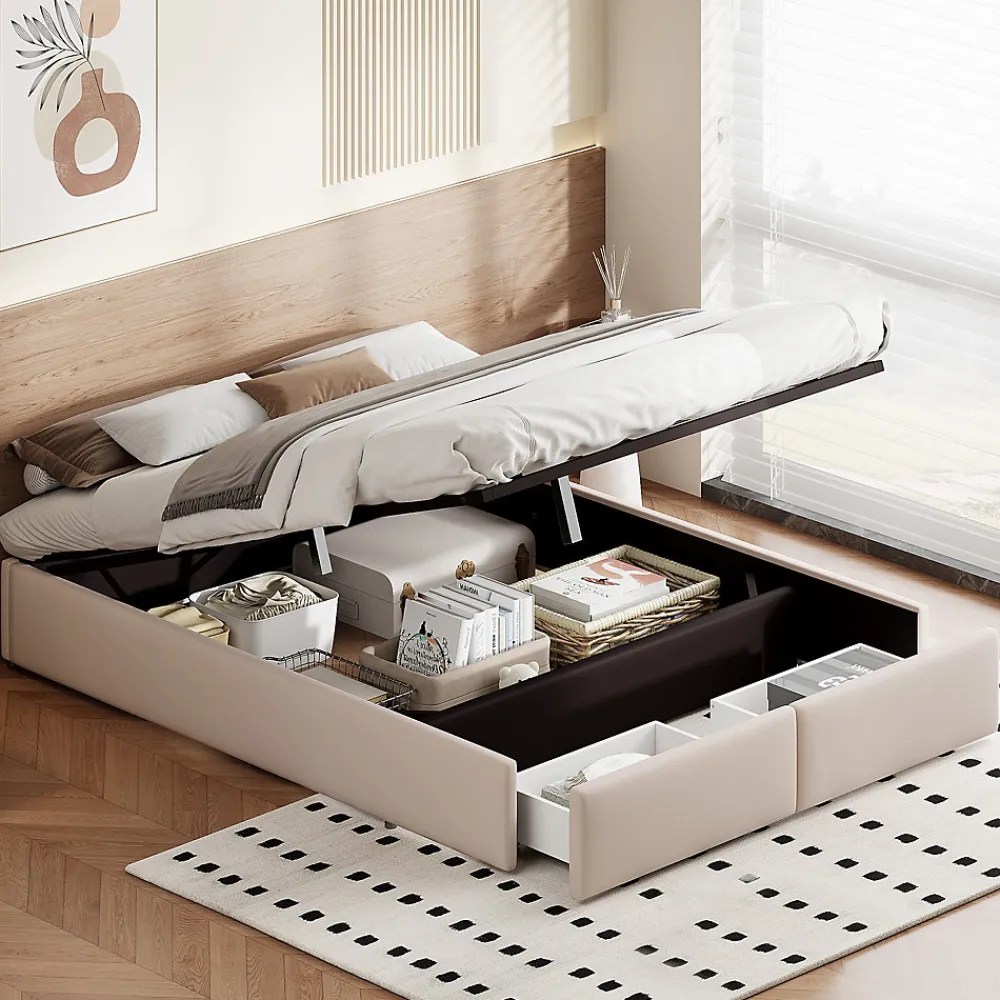 Lit rembourré coffre 140x200 cm avec 2 tiroirs, lit adulte avec sommier à lattes, sans tête de lit, tissu en lin, beige>ProximaX Clearance