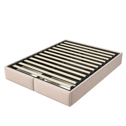 Lit rembourré coffre 140x200 cm avec 2 tiroirs, lit adulte avec sommier à lattes, sans tête de lit, tissu en lin, beige><noscript><img width=
