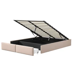 Lit rembourré coffre 140x200 cm avec 2 tiroirs, lit adulte avec sommier à lattes, sans tête de lit, tissu en lin, beige><noscript><img width=