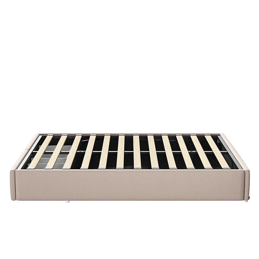 Lit rembourré coffre 140x200 cm avec 2 tiroirs, lit adulte avec sommier à lattes, sans tête de lit, tissu en lin, beige>ProximaX Clearance