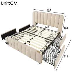 Blackcolors Lit rembourré double 160 x 200 cm, USB Type-C, 4 tiroirs, beige,* Lit Avec Rangement