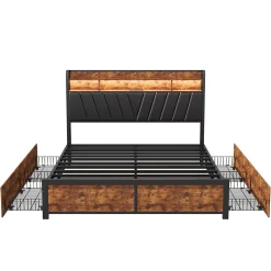 Simple Life Lit Rembourré En Métal 180 X 200 Cm Avec Tête De Lit, 4 Tiroirs, LED Et Station De Charge* Lit Coffre