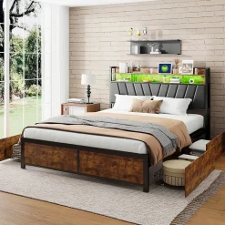 Simple Life Lit Rembourré En Métal 180 X 200 Cm Avec Tête De Lit, 4 Tiroirs, LED Et Station De Charge* Lit Coffre