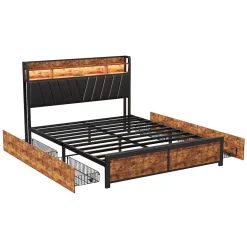 Simple Life Lit Rembourré En Métal 180 X 200 Cm Avec Tête De Lit, 4 Tiroirs, LED Et Station De Charge* Lit Coffre