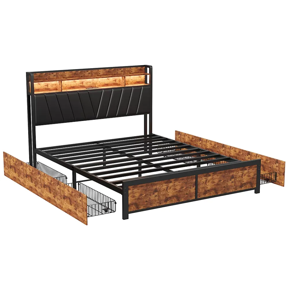 Simple Life Lit Rembourré En Métal 180 X 200 Cm Avec Tête De Lit, 4 Tiroirs, LED Et Station De Charge* Lit Coffre