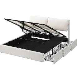 Gutent Lit rembourré hydraulique lit coffre 180x200 cm lit de rangement lit trois tiroirs lit cadre et tête de lit à lattes velours blanc* Lit Coffre