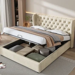 Lit rembourré hydraulique 180x200cm, lit double, lit fonctionnel avec sommier à lattes et espace de rangement,tissu velours,beige>Gutent Sale