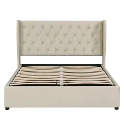 Lit rembourré hydraulique 180x200cm, lit double, lit fonctionnel avec sommier à lattes et espace de rangement,tissu velours,beige><noscript><img width=
