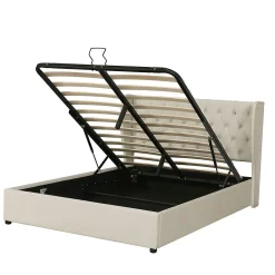 Lit rembourré hydraulique 180x200cm, lit double, lit fonctionnel avec sommier à lattes et espace de rangement,tissu velours,beige><noscript><img width=