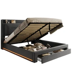 Lit rembourré hydraulique 140x190cm, tiroirs de rangement, avec sommier à lattes, sans matelas, velours, gris>Gutent