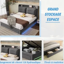 Lit rembourré hydraulique 140x190cm, tiroirs de rangement, avec sommier à lattes, sans matelas, velours, gris><noscript><img width=