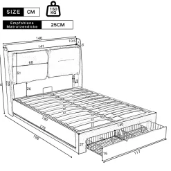 Gutent Lit rembourré hydraulique 140x190cm, tiroirs de rangement, avec sommier à lattes, sans matelas, velours, beige* Lit Avec Rangement