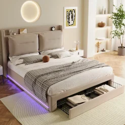 Gutent Lit rembourré hydraulique 140x190cm, tiroirs de rangement, avec sommier à lattes, sans matelas, velours, beige* Lit Avec Rangement