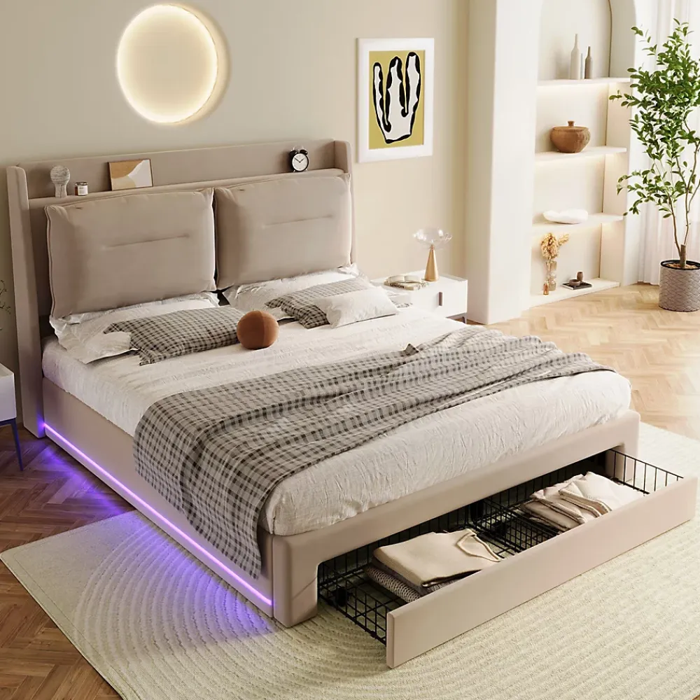 Gutent Lit rembourré hydraulique 140x190cm, tiroirs de rangement, avec sommier à lattes, sans matelas, velours, beige* Lit Avec Rangement