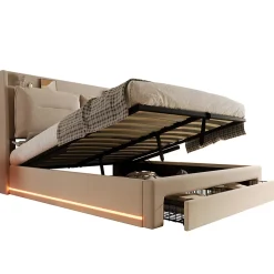 Gutent Lit rembourré hydraulique 140x190cm, tiroirs de rangement, avec sommier à lattes, sans matelas, velours, beige* Lit Avec Rangement