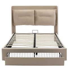 Gutent Lit rembourré hydraulique 140x190cm, tiroirs de rangement, avec sommier à lattes, sans matelas, velours, beige* Lit Avec Rangement