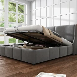 Lit rembourré hydraulique 140x200cm, forme oreille, tête de lit avec coussin, lit double, lit fonctionnel, velours, gris>Gutent Sale
