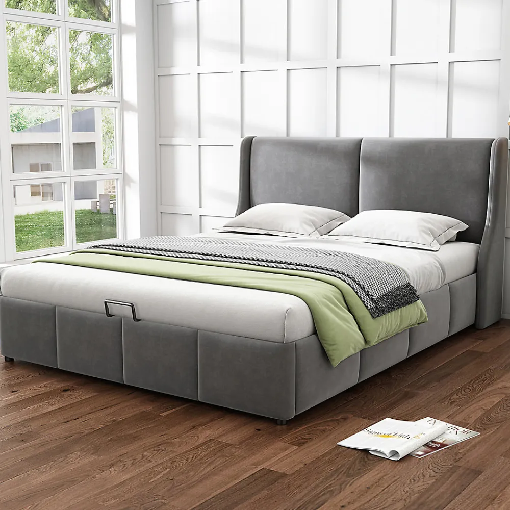 Lit rembourré hydraulique 140x200cm, forme oreille, tête de lit avec coussin, lit double, lit fonctionnel, velours, gris>Gutent Sale