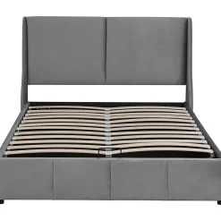 Lit rembourré hydraulique 140x200cm, forme oreille, tête de lit avec coussin, lit double, lit fonctionnel, velours, gris><noscript><img width=