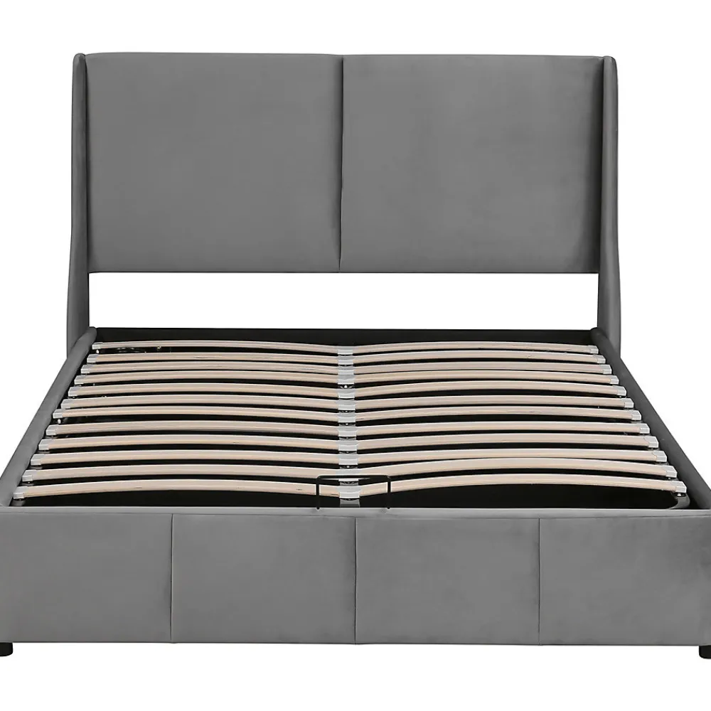 Lit rembourré hydraulique 140x200cm, forme oreille, tête de lit avec coussin, lit double, lit fonctionnel, velours, gris>Gutent Sale