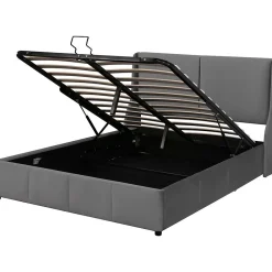 Lit rembourré hydraulique 140x200cm, forme oreille, tête de lit avec coussin, lit double, lit fonctionnel, velours, gris><noscript><img width=