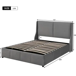 Lit rembourré hydraulique 140x200cm, forme oreille, tête de lit avec coussin, lit double, lit fonctionnel, velours, gris><noscript><img width=