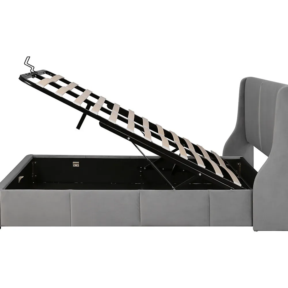Lit rembourré hydraulique 140x200cm, forme oreille, tête de lit avec coussin, lit double, lit fonctionnel, velours, gris>Gutent Sale