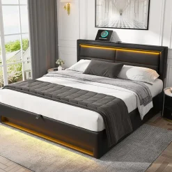 Gutent Lit rembourré hydraulique lit coffre lit 140x200 cm lit de rangement lit connexion usb lit eclairage led lit double pu noir* Lit Avec Rangement
