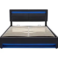 Gutent Lit rembourré hydraulique lit coffre lit 140x200 cm lit de rangement lit connexion usb lit eclairage led lit double pu noir* Lit Avec Rangement