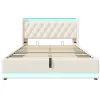 Gutent Lit rembourré hydraulique 160x200 cm, lit LED double avec fonction de recharge USB Type-C , lit avec rangement, PU, blanc* Lit Avec Rangement