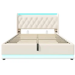 Gutent Lit rembourré hydraulique 160x200 cm, lit LED double avec fonction de recharge USB Type-C , lit avec rangement, PU, blanc* Lit Avec Rangement