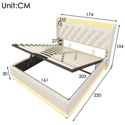 Gutent Lit rembourré hydraulique 160x200 cm, lit LED double avec fonction de recharge USB Type-C , lit avec rangement, PU, blanc* Lit Avec Rangement