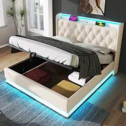 Gutent Lit rembourré hydraulique 160x200 cm, lit LED double avec fonction de recharge USB Type-C , lit avec rangement, PU, blanc* Lit Avec Rangement