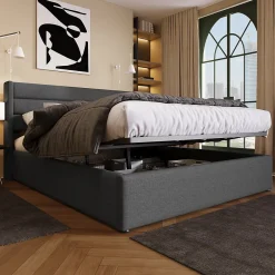Lit rembourré hydraulique 160x200 cm lit de rangement lit sommier à lattes en bois lit en métal lit double lin gris><noscript><img width=