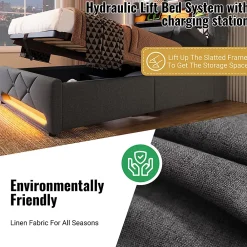 Gutent Lit rembourré hydraulique 180x200cm, lit double, espace de rangement tête de lit avec port usb et type c, lin, gris, sans matelas* Lit Avec Rangement