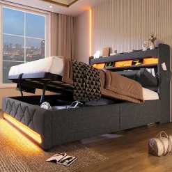 Gutent Lit rembourré hydraulique 180x200cm, lit double, espace de rangement tête de lit avec port usb et type c, lin, gris, sans matelas* Lit Avec Rangement