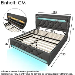Gutent Lit rembourré hydraulique 180x200cm, lit double, espace de rangement tête de lit avec port usb et type c, lin, gris, sans matelas* Lit Avec Rangement