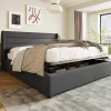 Lit rembourré hydraulique lit coffre lit 140x200 cm lit de rangement lit sommier à lattes en bois lit en métal lit double lin gris>Gutent Sale