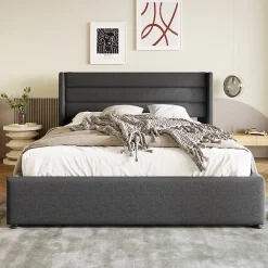 Lit rembourré hydraulique lit coffre lit 140x200 cm lit de rangement lit sommier à lattes en bois lit en métal lit double lin gris>Gutent Sale