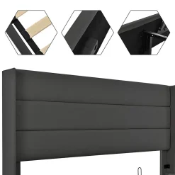 Lit rembourré hydraulique lit coffre lit 140x200 cm lit de rangement lit sommier à lattes en bois lit en métal lit double lin gris><noscript><img width=