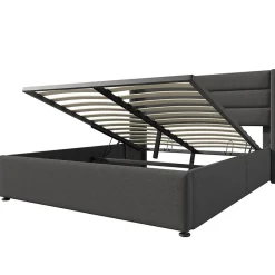 Lit rembourré hydraulique lit coffre lit 140x200 cm lit de rangement lit sommier à lattes en bois lit en métal lit double lin gris><noscript><img width=