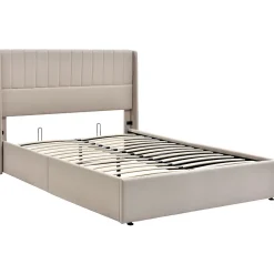 Gutent Lit rembourré hydraulique 140x200cm, lit avec rangement, lit double, avec sommier à lattes et structure métallique, lin, beige* Lit Avec Rangement