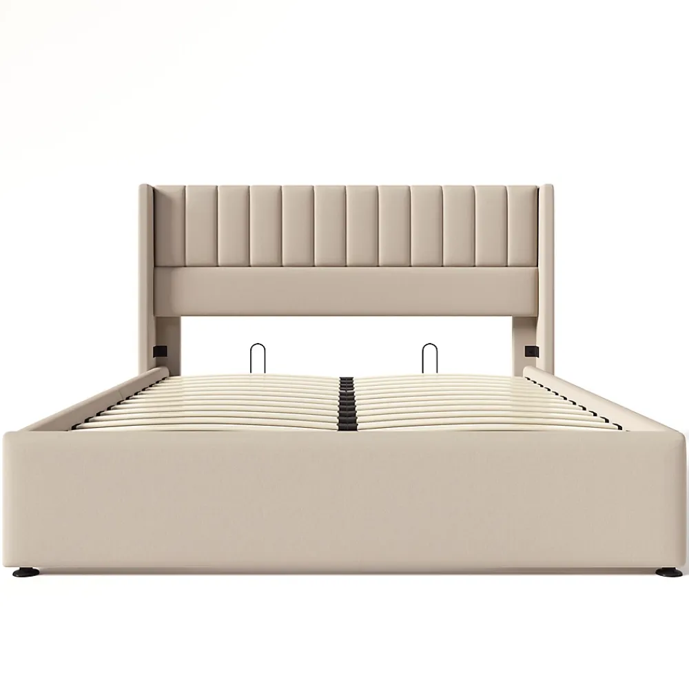 Gutent Lit rembourré hydraulique 140x200cm, lit avec rangement, lit double, avec sommier à lattes et structure métallique, lin, beige* Lit Avec Rangement