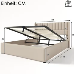 Gutent Lit rembourré hydraulique 140x200cm, lit avec rangement, lit double, avec sommier à lattes et structure métallique, lin, beige* Lit Avec Rangement